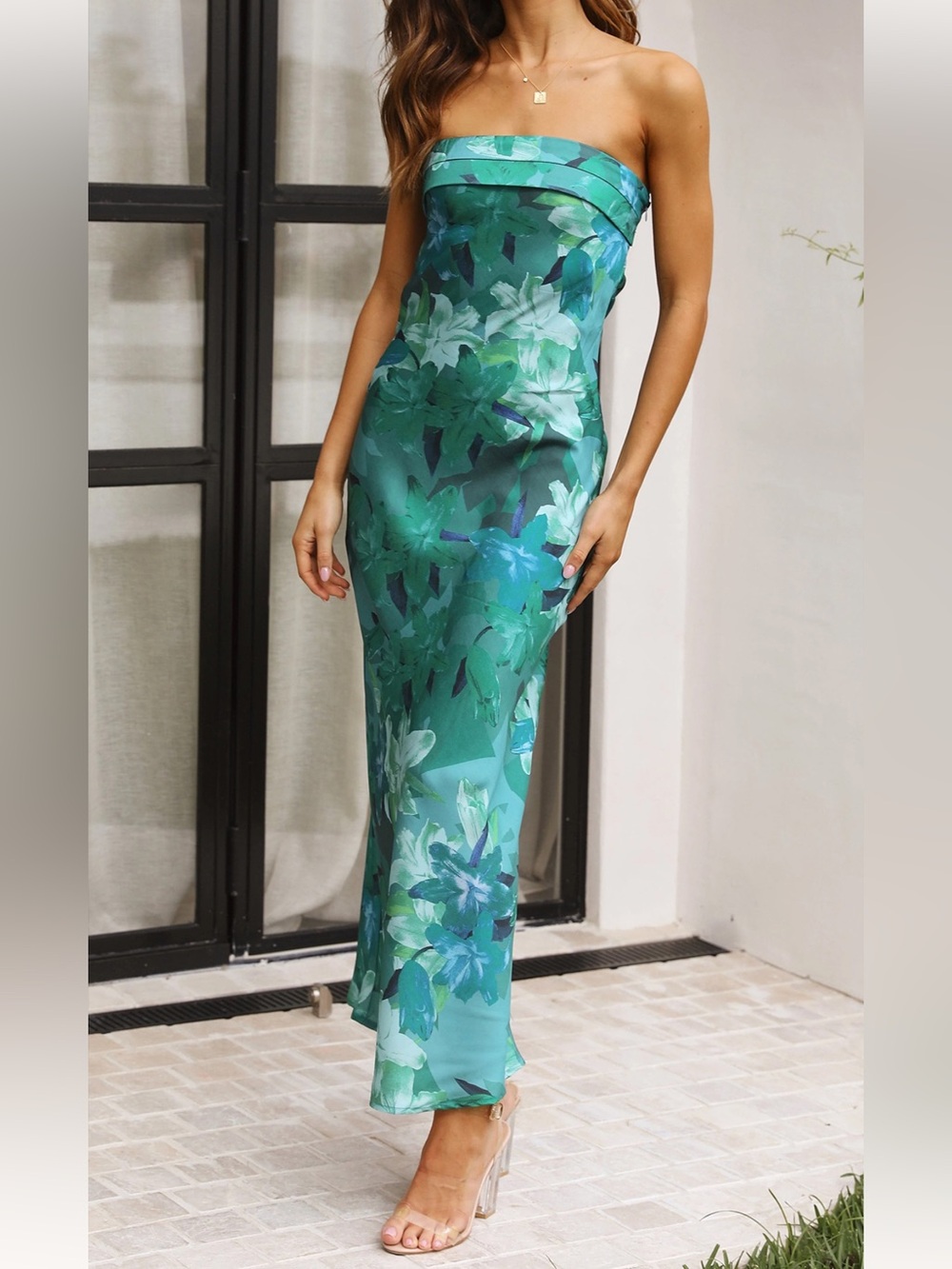 Satin Floral Strapless Maxi Dress
